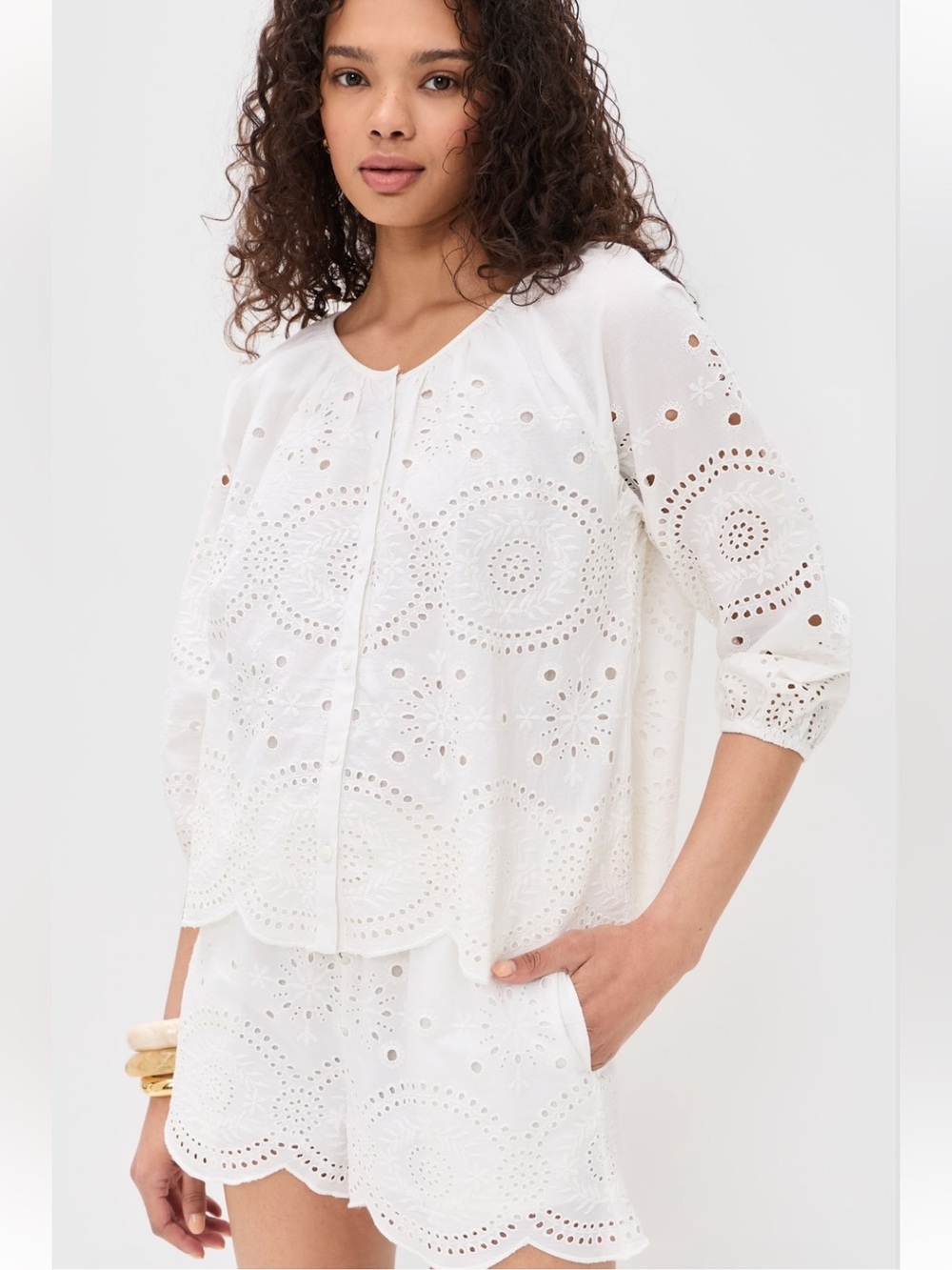 Marea By Liz Joy Sophie Top White Demi Eyelet Small NWT Poplin Blouse Scallop